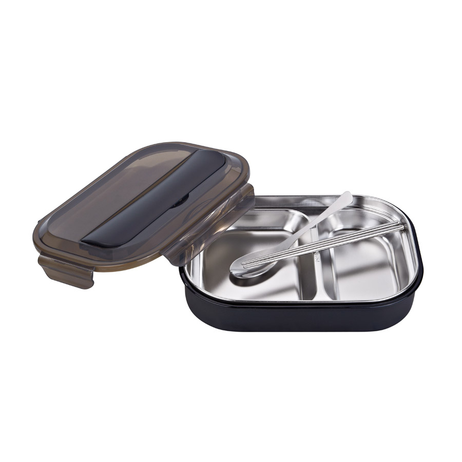 R-8844 黑色 美時(shí)不銹鋼套裝飯盒（2格）材質(zhì)：PP+304不銹鋼 產(chǎn)品尺寸：（cm）長25.5x寬18.2x高6.jpg